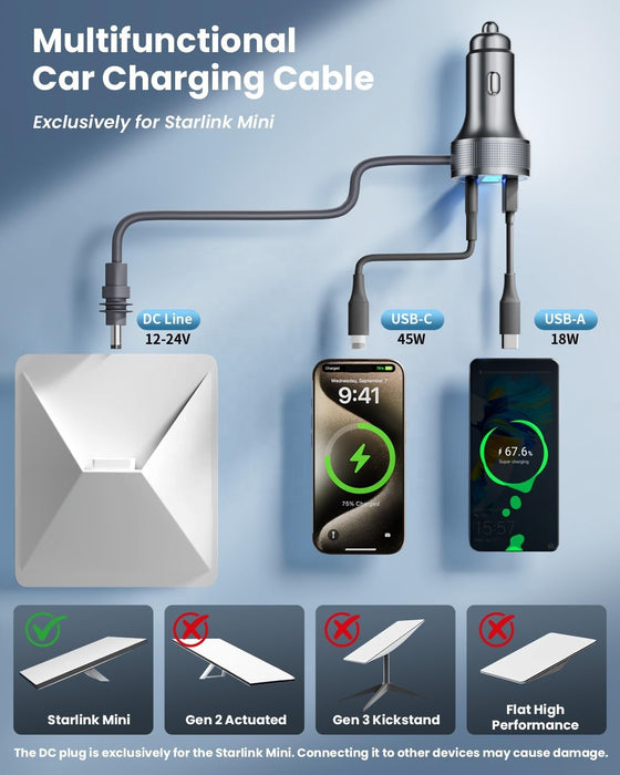 3 in 1 Car Charger for Starlink Mini DC Power Cable
