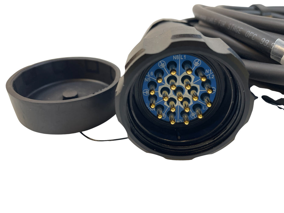 6ft SOCAPEX 19 PIN Male to 6 Channel PowerCon Blue Breakout Power Cable. Stock number: AC3